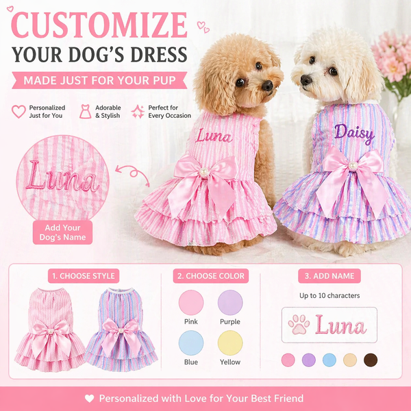 Two small dogs wearing pink and purple dresses with customizable options on a white background.