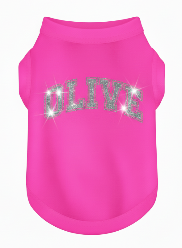 Pink dog tank top with 'OLIVE' text on a white background