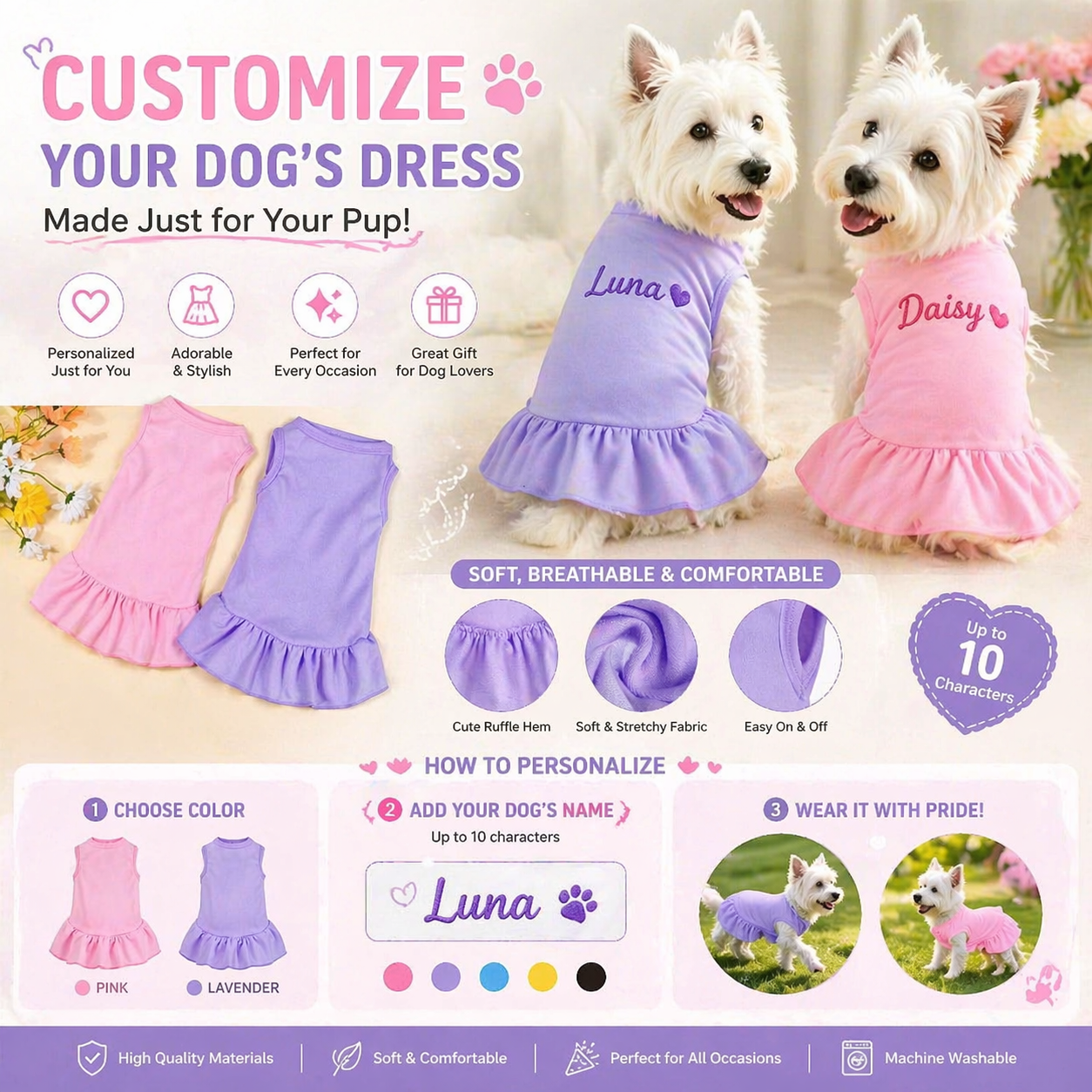 Two dogs wearing dresses with customizable options on a promotional graphic.