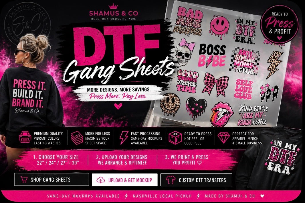 Promotional graphic for DTF gang sheets with branding and product features.
