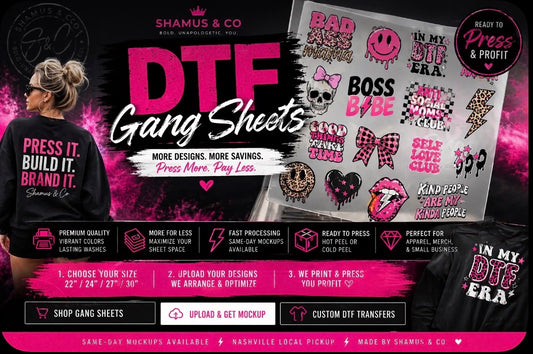Promotional graphic for DTF gang sheets with branding and product features.
