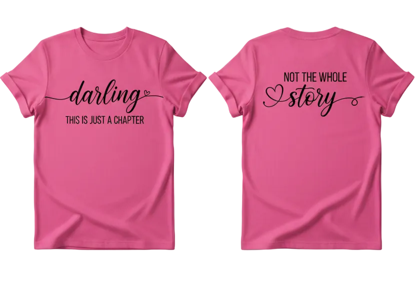 Pink t-shirt with text on a gray background