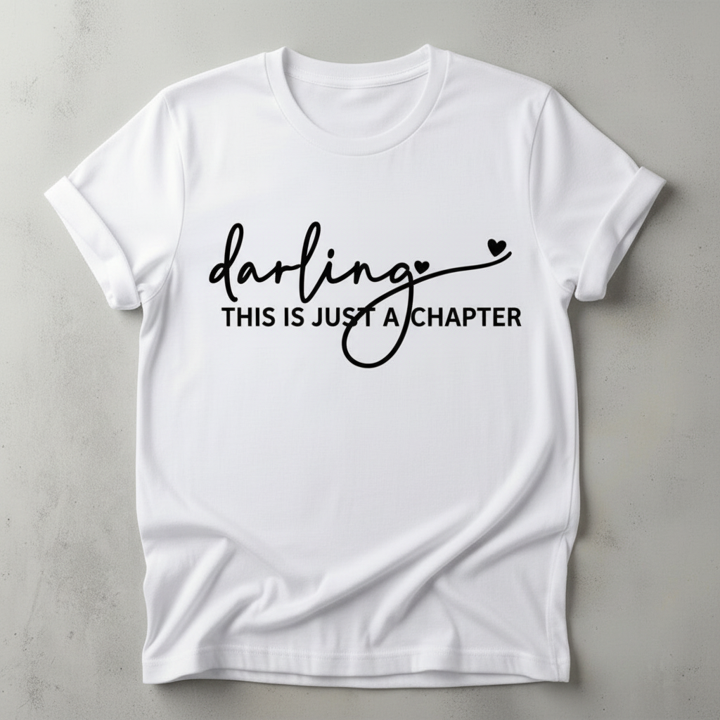 White t-shirt with 'darling this is just a chapter' text on a gray background