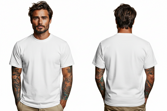 Man wearing a black t-shirt, front and back views, on a white background
