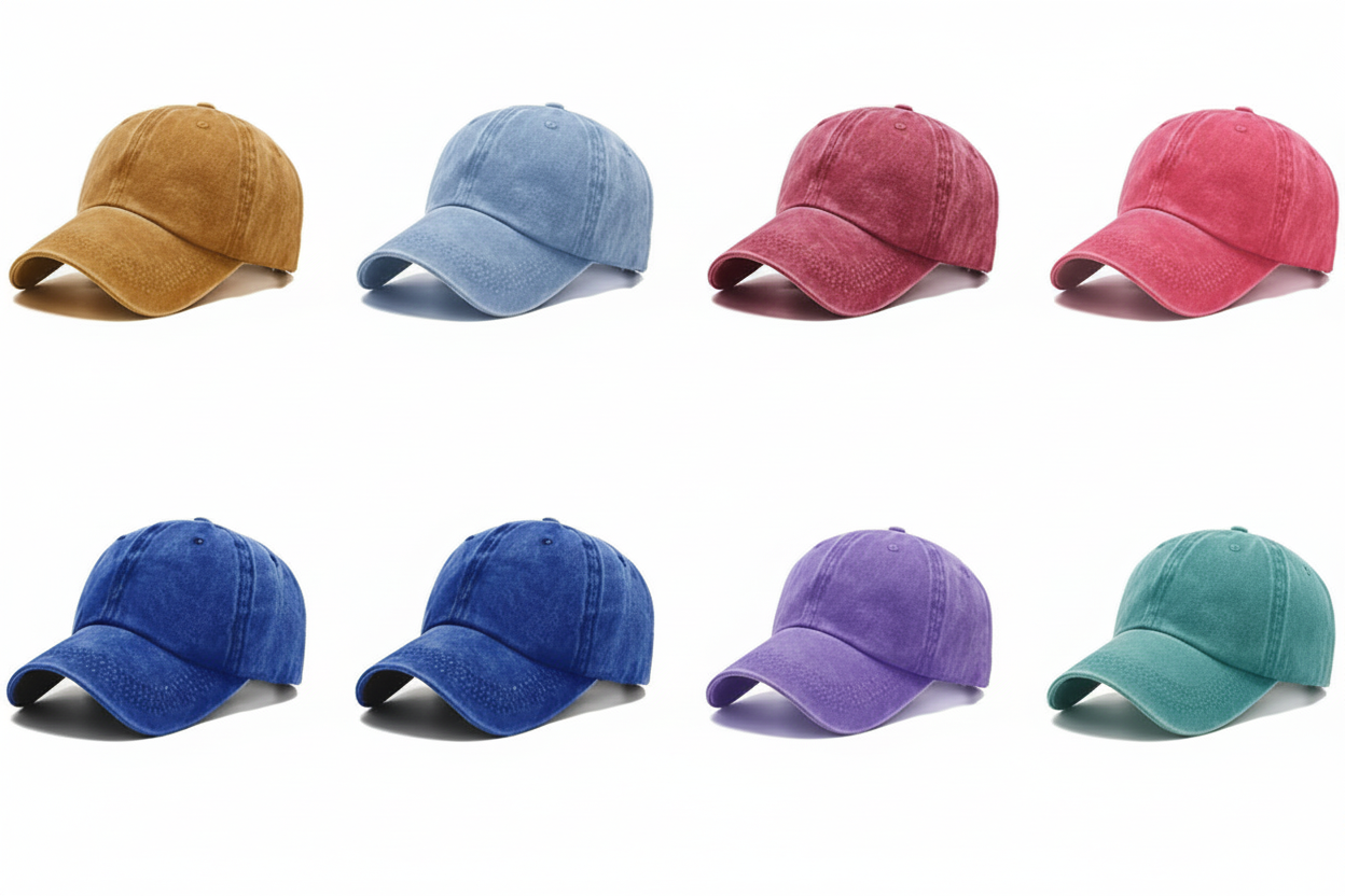 Row of colorful baseball caps displayed side by side.