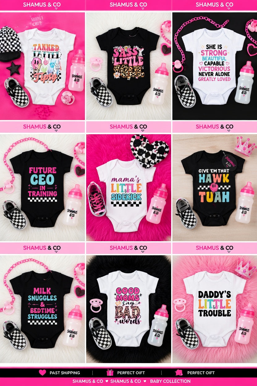 Collection of baby clothing and accessories with humorous text designs on a pink background.