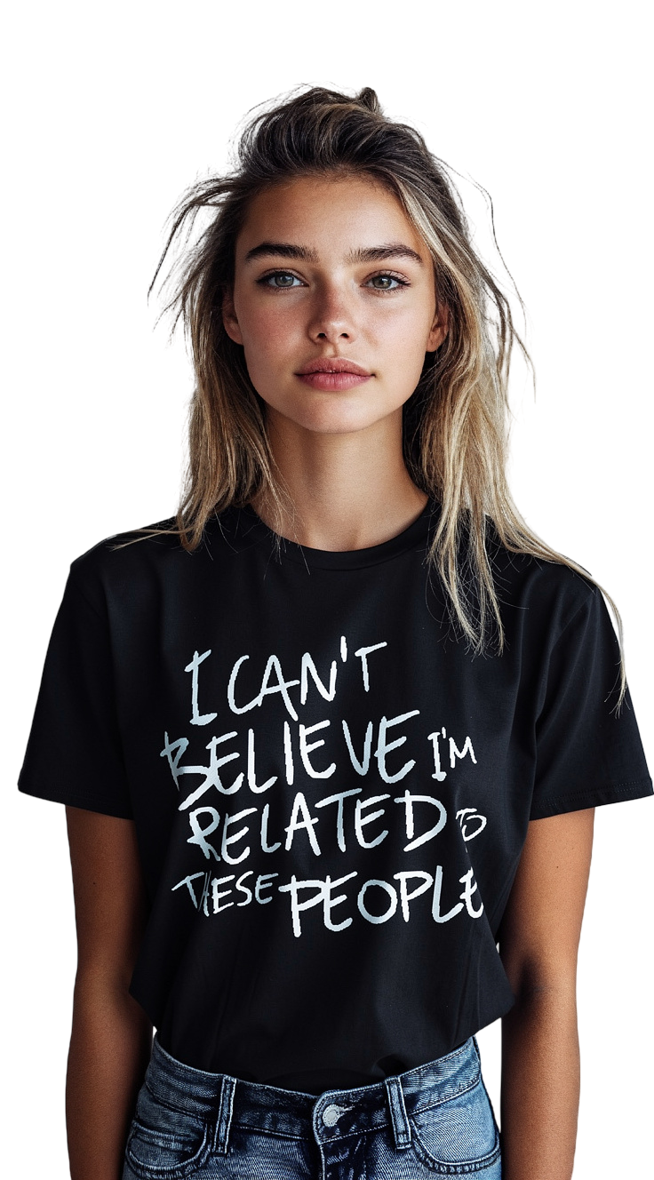 Person wearing a black t-shirt with text, standing against a white background