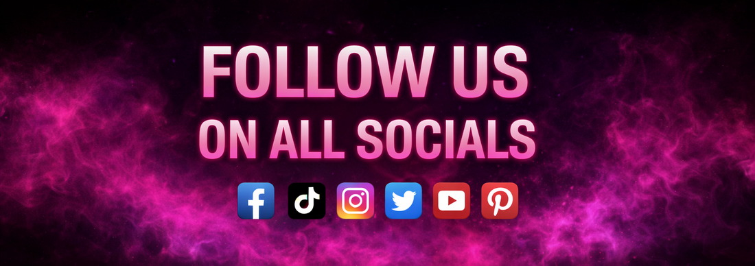 Call to action with social media icons on a dark background with pink and purple smoke effects
