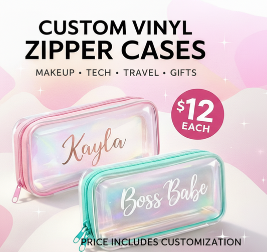 Custom iridescent zipper pouch personalized with name in white vinyl