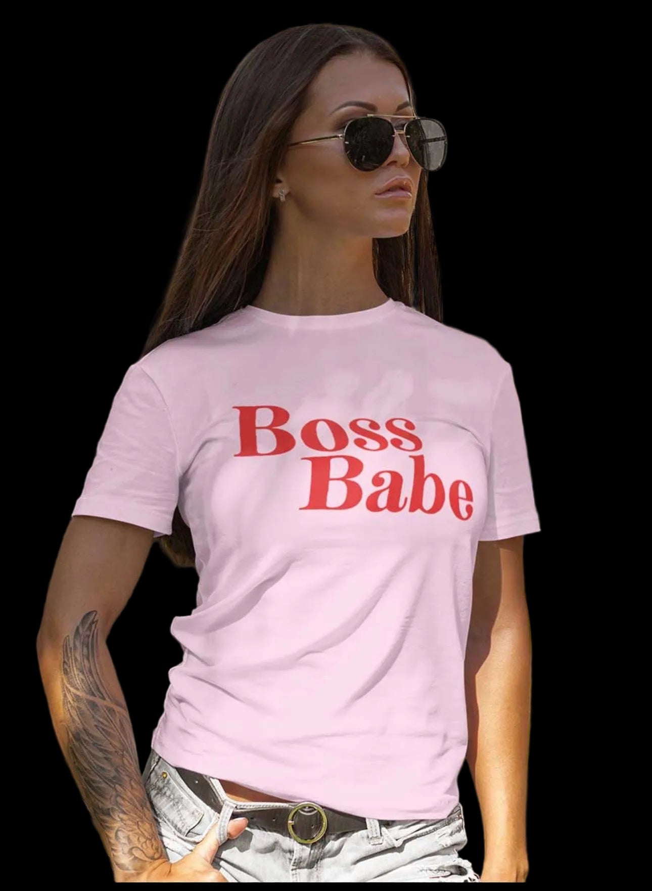 Pink and black Boss Babe graphic T-shirt for women by Shamus & Co, featuring bold text and stylish design.