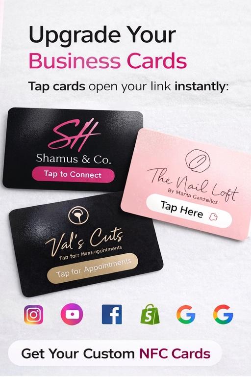 Promotional image of customizable NFC business cards with branding examples.