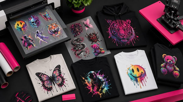 Colorful graphic designs on t-shirts and a hoodie with a heat press machine in the background.