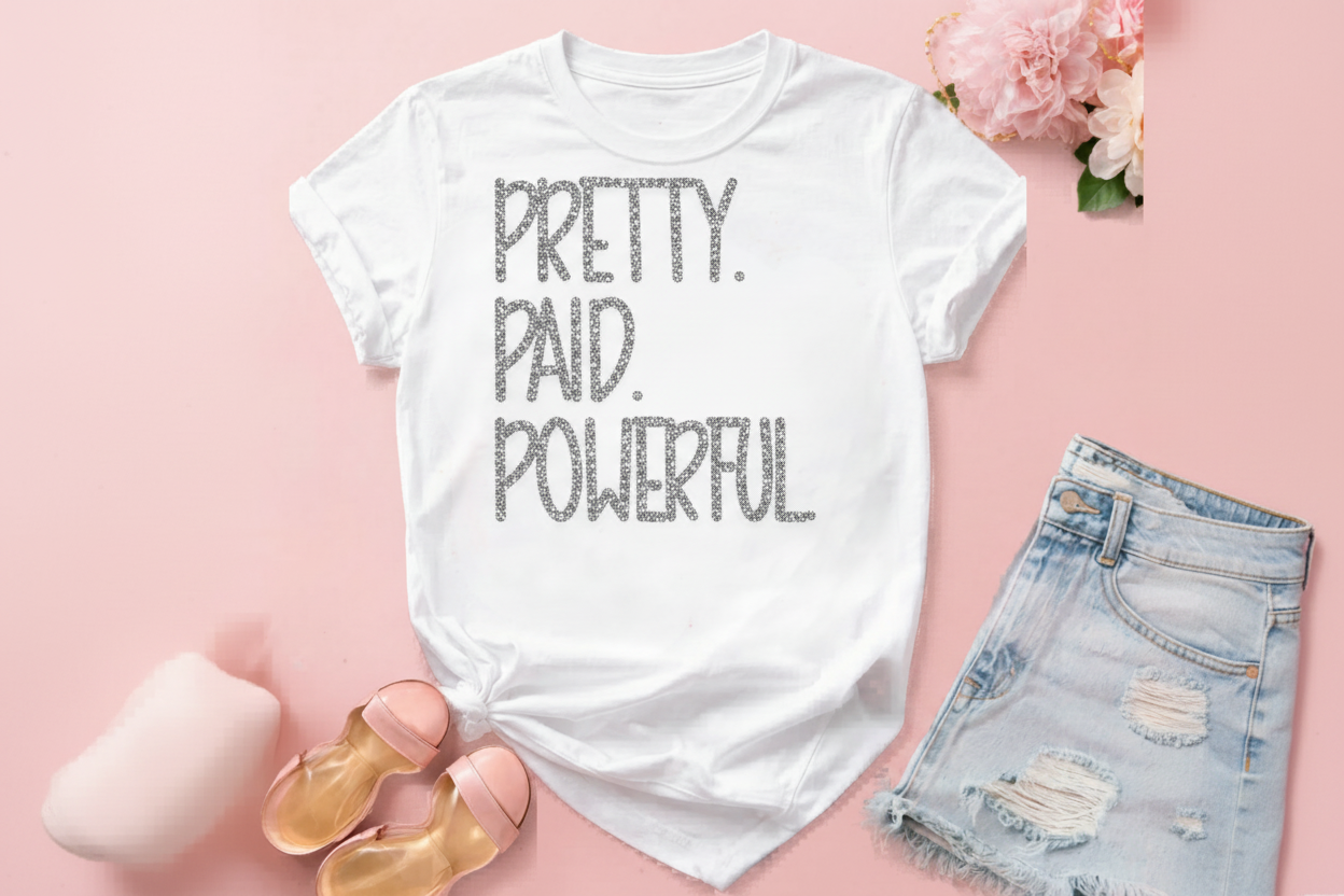 White t-shirt with 'Pretty. Paid. Powerful.' text on a pink background with denim shorts and a mug.