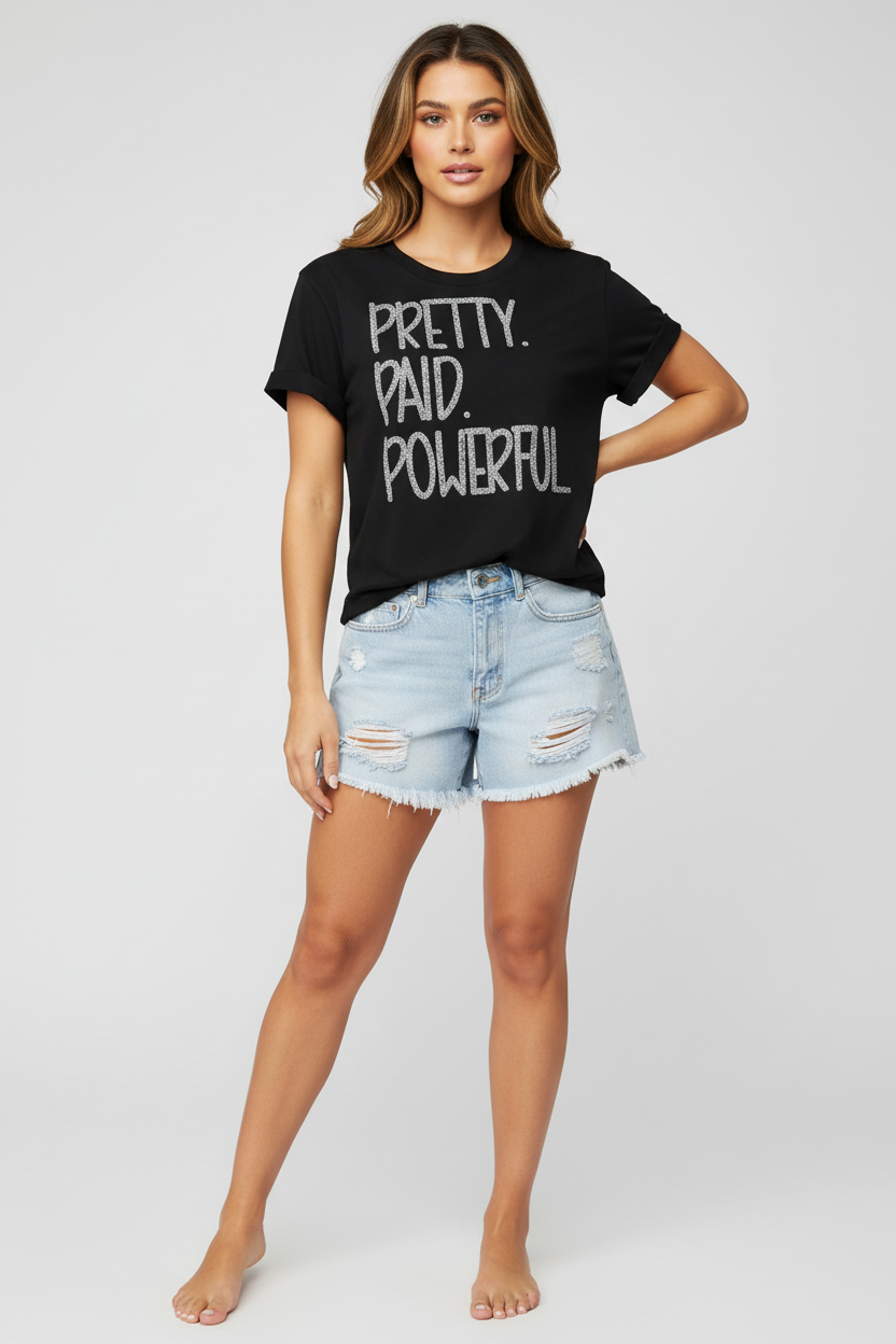 Shamus & Co Pretty Paid Powerful pink graphic tee for adults with silver glitter design on black fabric.