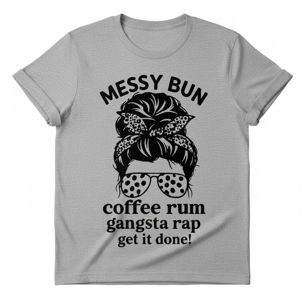 Gray t-shirt with a graphic of a messy bun, sunglasses, and text on a white background