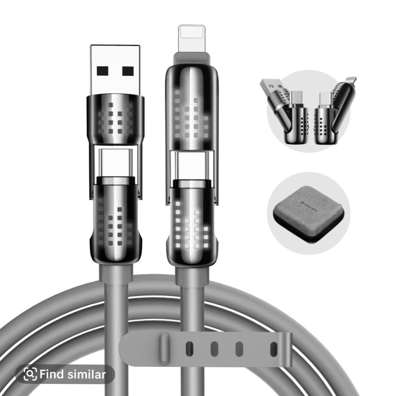 Gray USB cable with multiple connectors on a white backgroundt