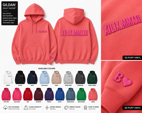 Pink hoodie with branding, color options, and material details on a white background