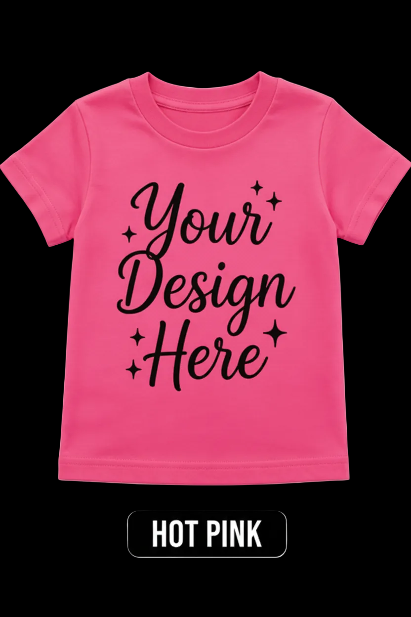 A hot pink  short-sleeve t-shirt with 'Your Design Here' printed in black script on the front, shown on a light gray background with a black label below reading 'pink 