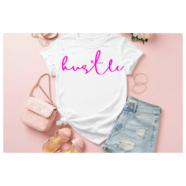 Hustle Pink on White tee