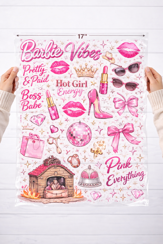 Barbie Vibes Premade DTF Gang Sheet – 17” Wide Transfer Sheet DTF gang sheet image 1