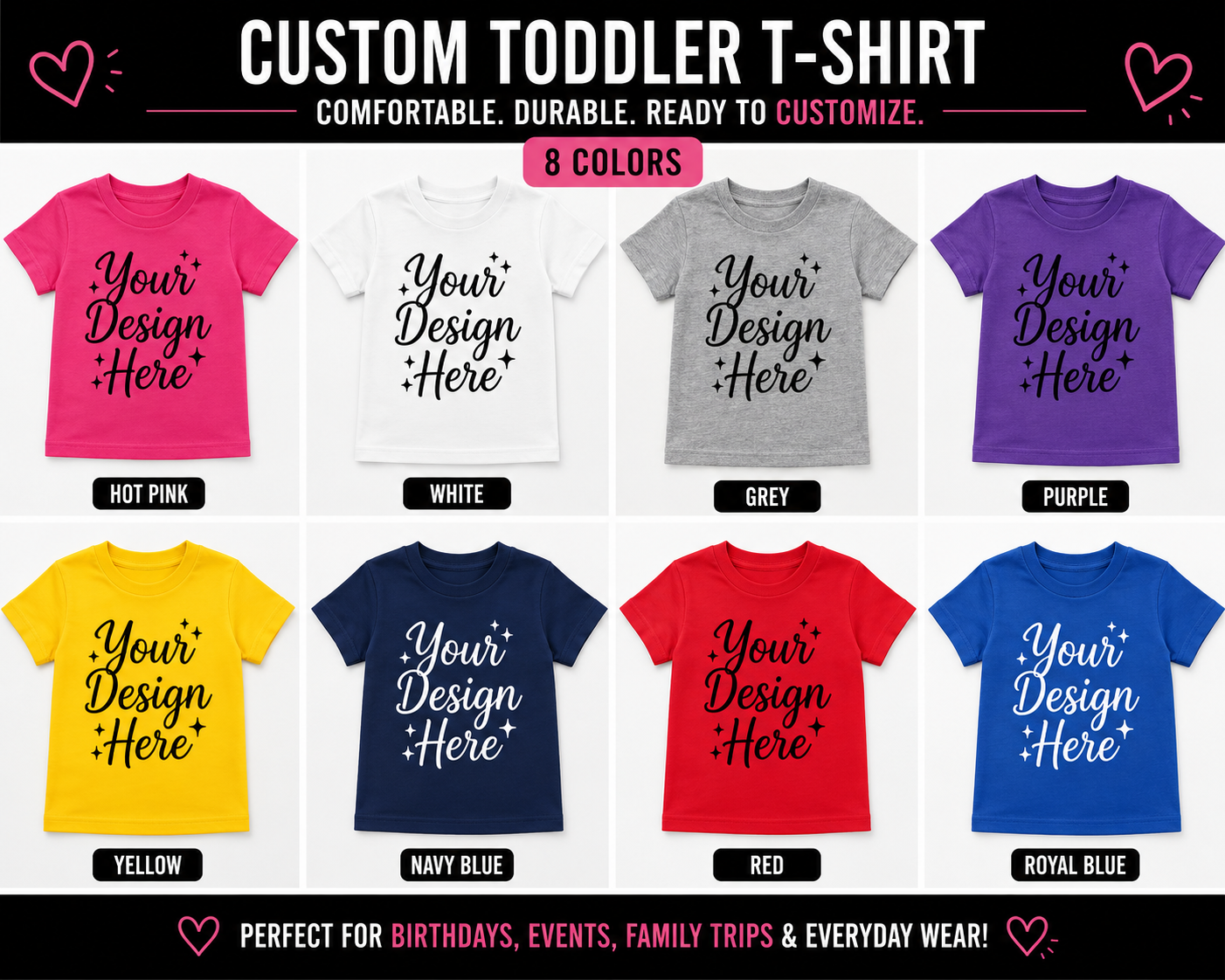 Custom toddler T-shirt by Shamus & Co in 2T-5T with personalized design, available in 8 colors, featuring a soft cotton fabric.