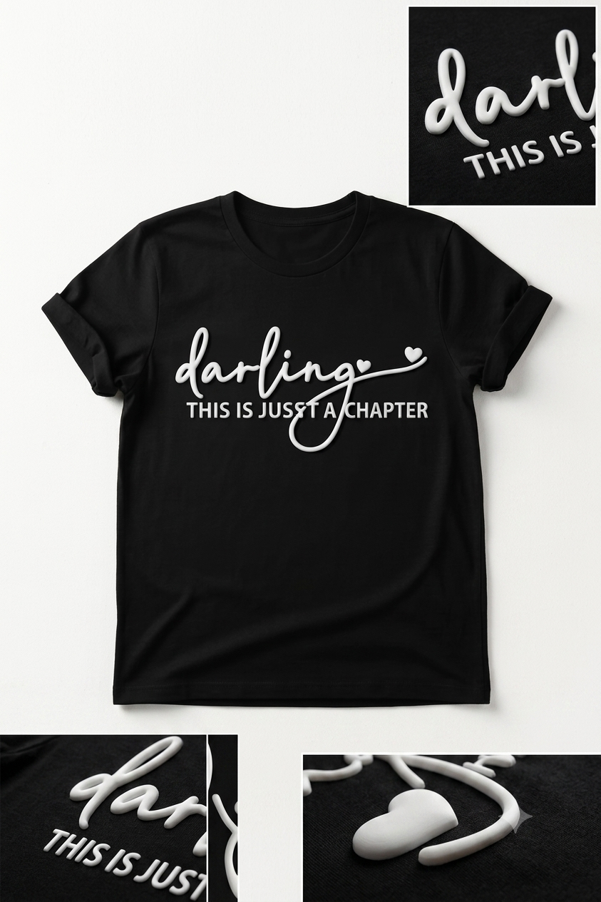 Adult 3D puff vinyl graphic tee by Shamus & Co featuring the phrase “Darling This Is Just a Chapter” on a motivational shirt.