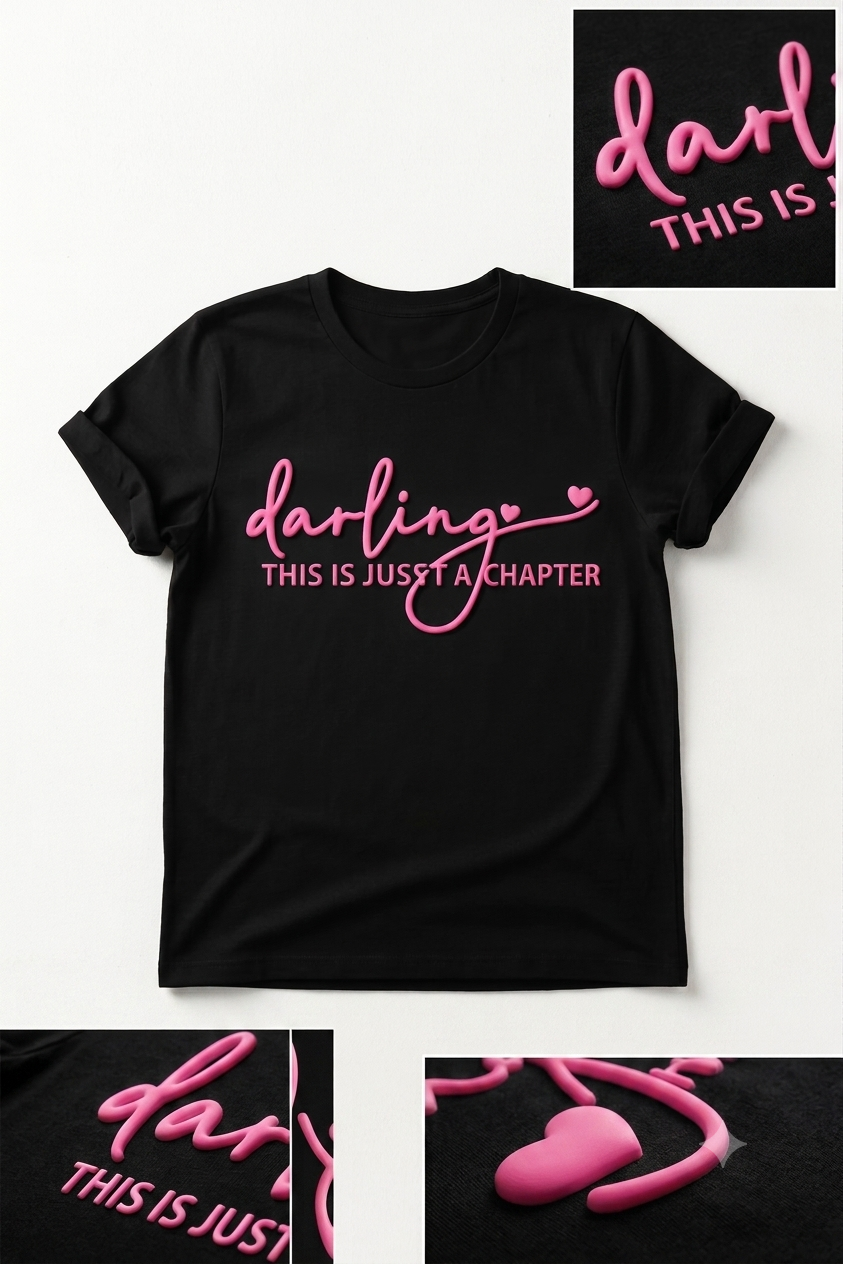 Adult 3D puff vinyl graphic t-shirt by Shamus & Co with "Darling This Is Just a Chapter" motivational design.
