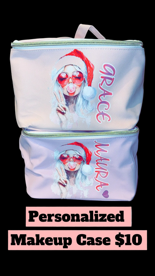 Personalized makeup case with a design and text on a black background