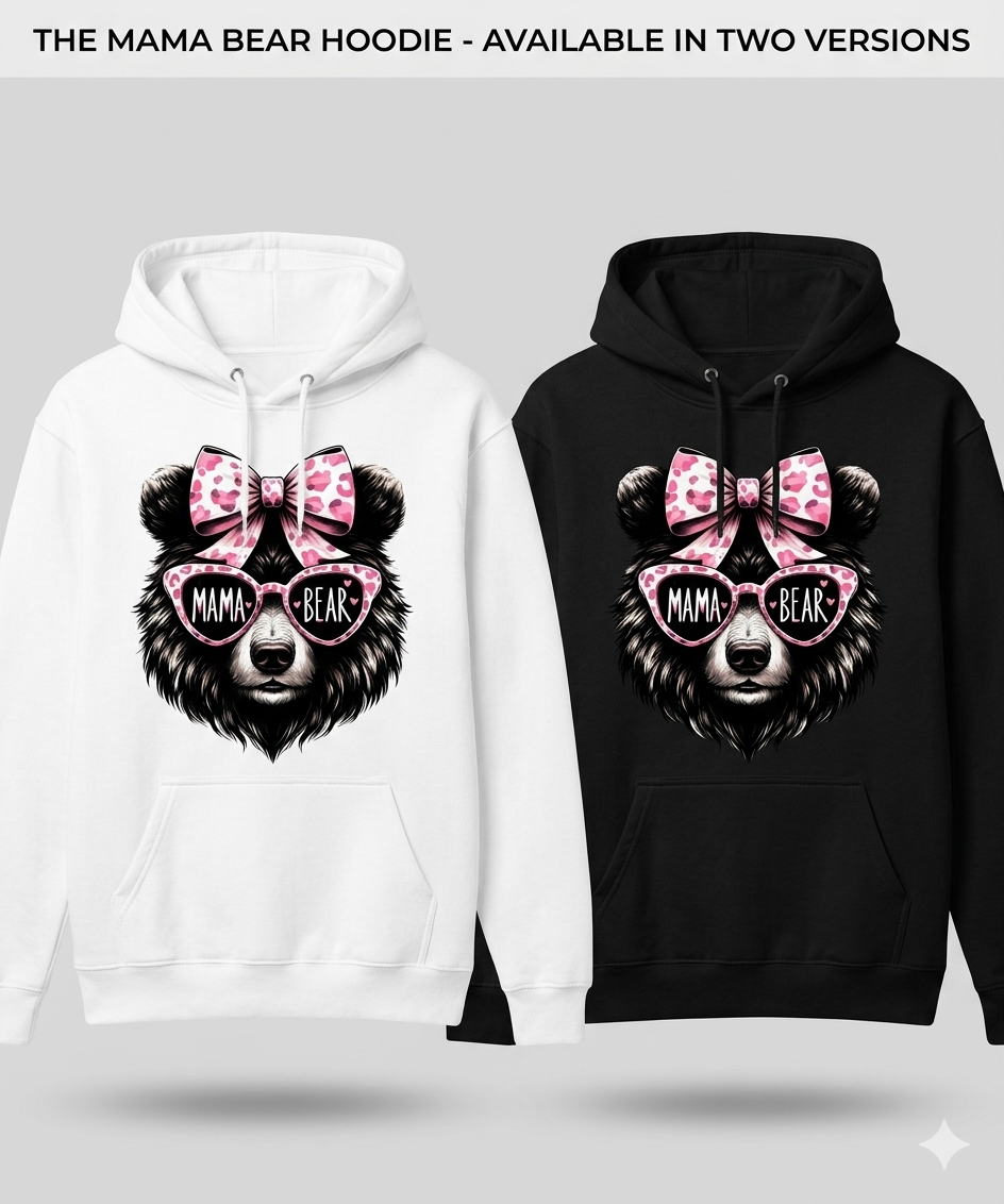 Pink Mama Bear hoodie by Shamus & Co featuring a cute bear graphic and pink bow, adult sweatshirt perfect for cozy casual wear.