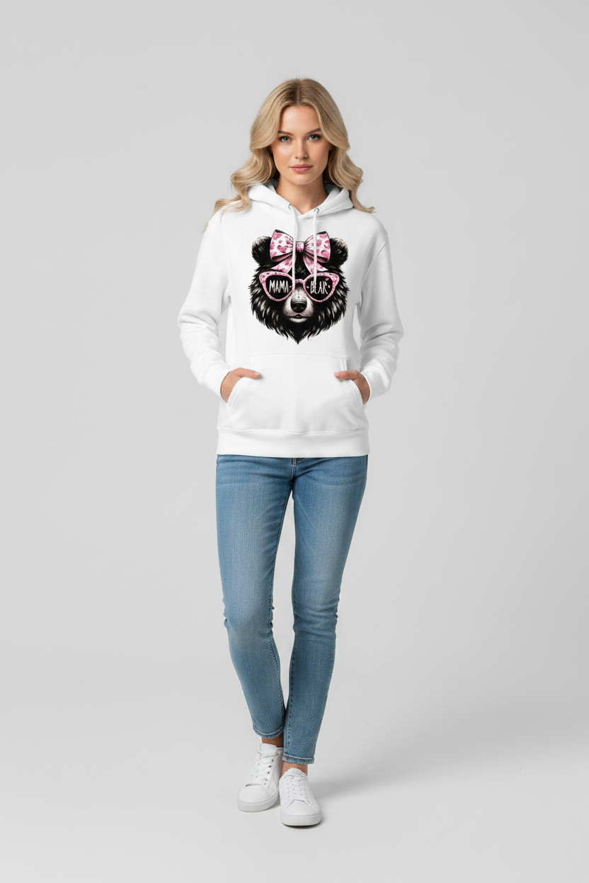 Pink hoodie featuring a cute bear design and pink bow, adult sweatshirt from Shamus & Co, cozy and stylish casual wear.