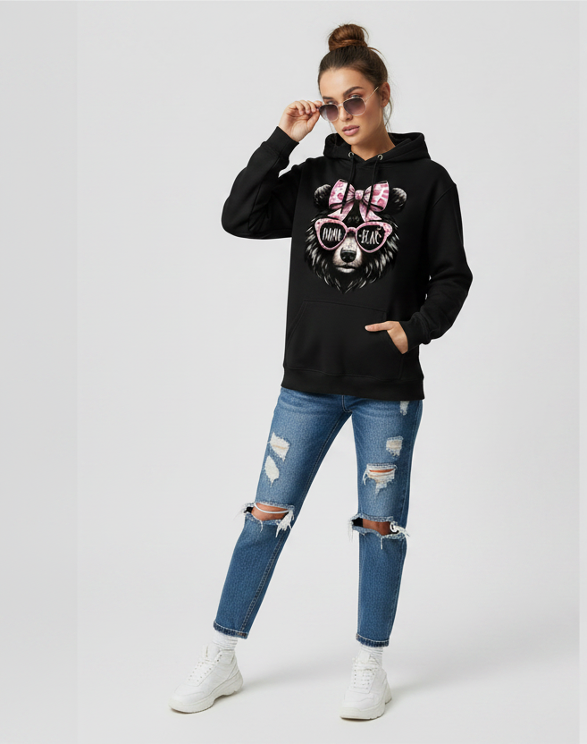 Pink Mama Bear hoodie by Shamus & Co featuring a cute bear face with a pink bow, perfect for comfortable mom-style wear.