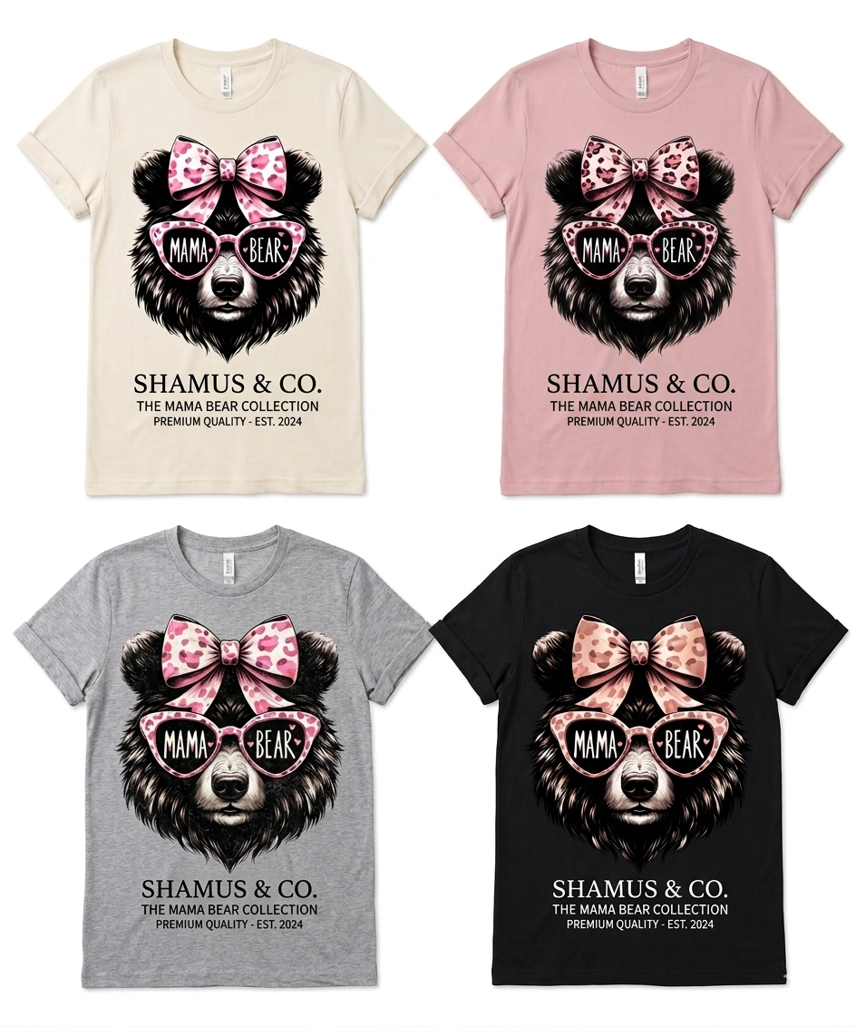 Pink Mama Bear hoodie by Shamus & Co featuring a cute bow and bear graphic, adult sweatshirt for moms.