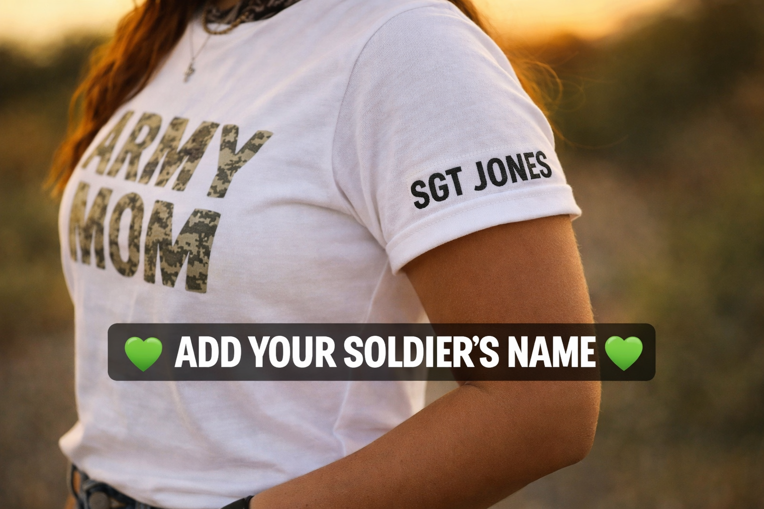 Army Mom shirt by Shamus & Co featuring custom name on sleeve, military mom tee, personalized gift for army family.