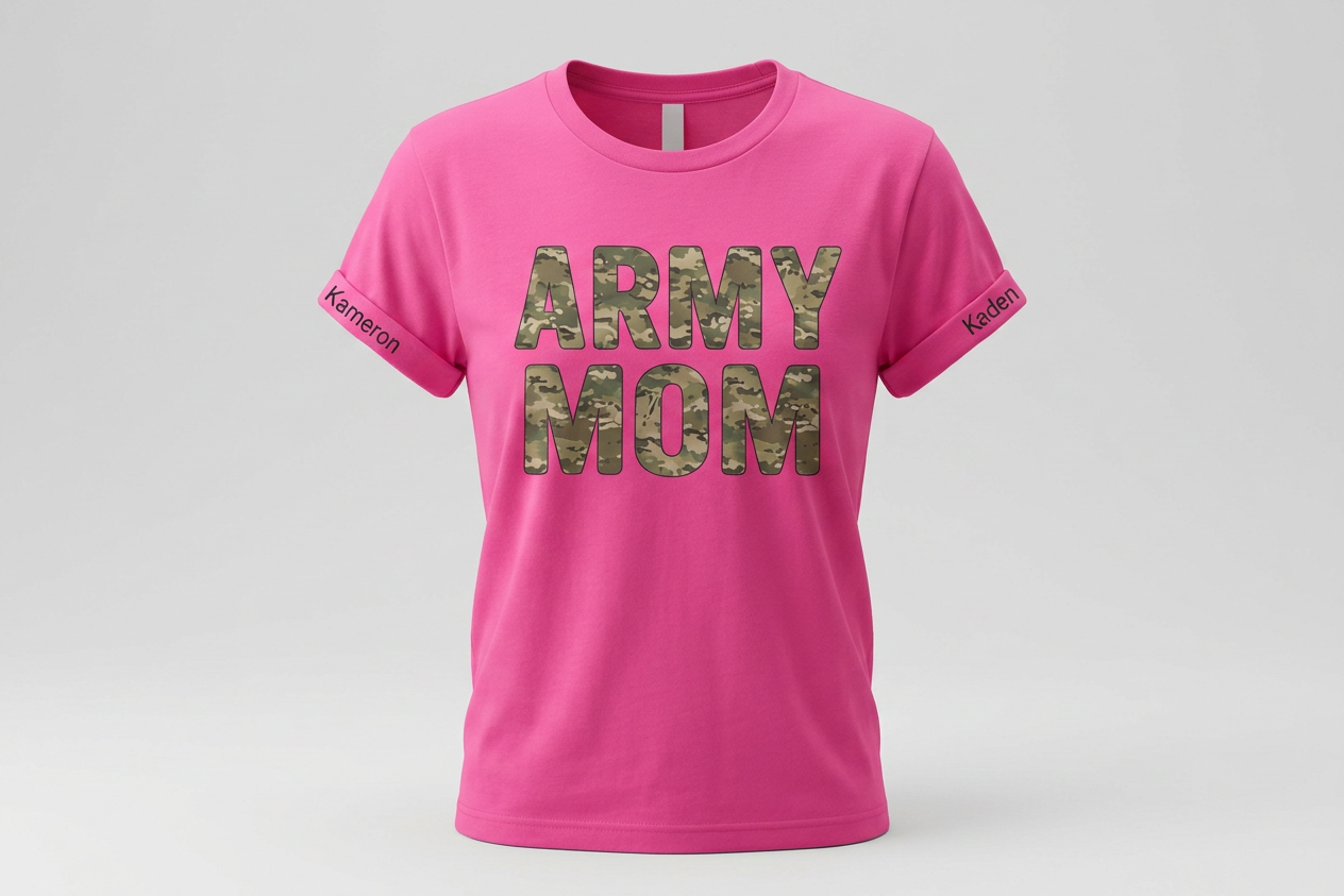 Army Mom shirt by Shamus & Co featuring custom name on sleeve, military mom tee for army families, personalized gift idea.