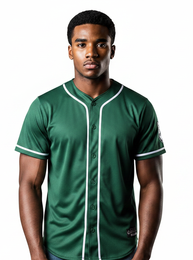 Custom full-button baseball jersey by Shamus & Co featuring personalized team design, DTF print, available in all colors.