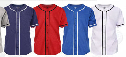 Custom full button baseball jersey by Shamus & Co featuring personalized team design, vibrant colors, and DTF print fabric.