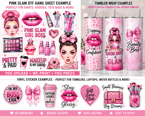 Pink Glam DTF Gang Sheet + Tumbler Wrap Bundle