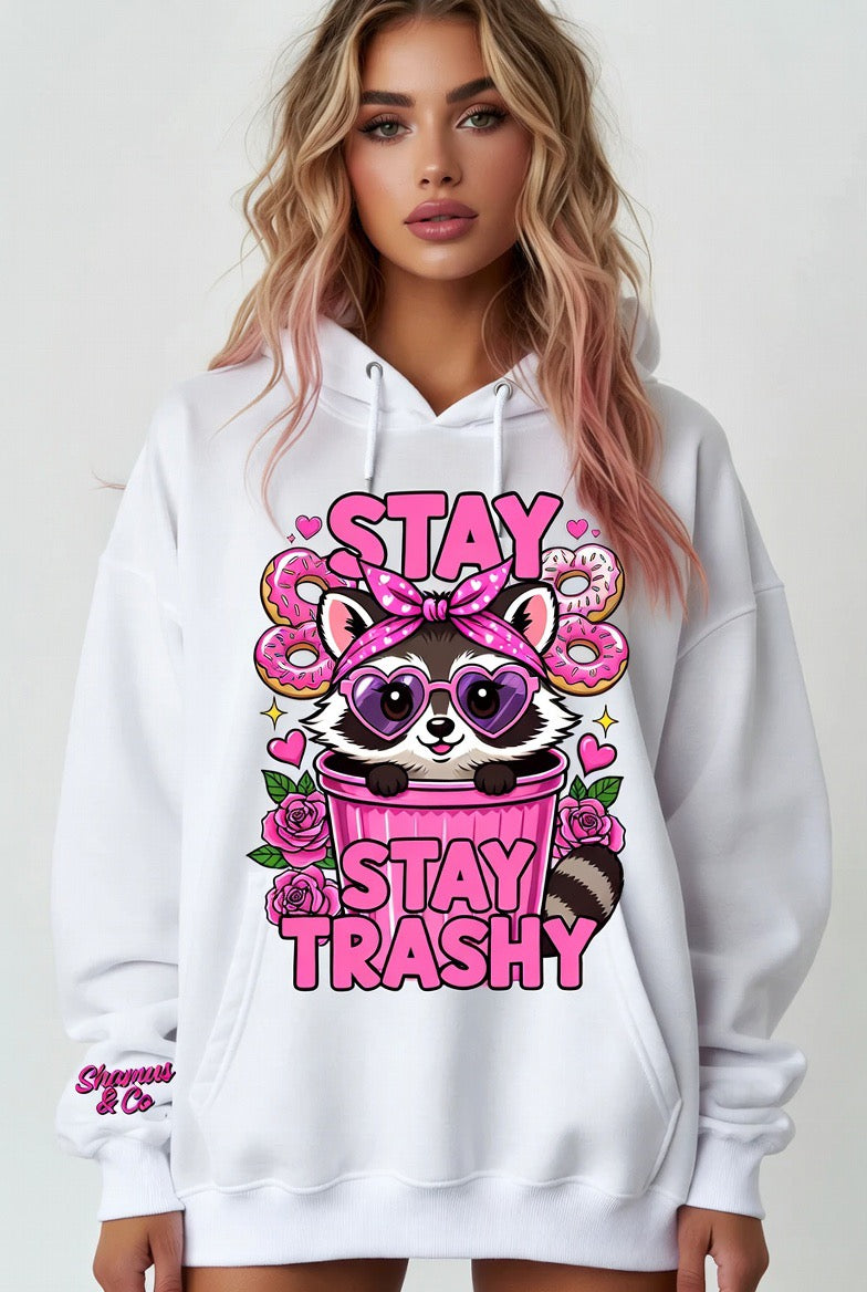 Hot pink Stay Trashy Raccoon oversized hoodie by Shamus & Co, adult apparel featuring a playful raccoon graphic.