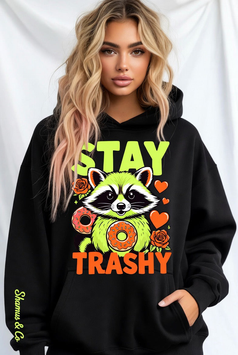 Hot pink Stay Trashy Raccoon oversized hoodie by Shamus & Co, featuring a playful raccoon graphic and cozy fit for adults.