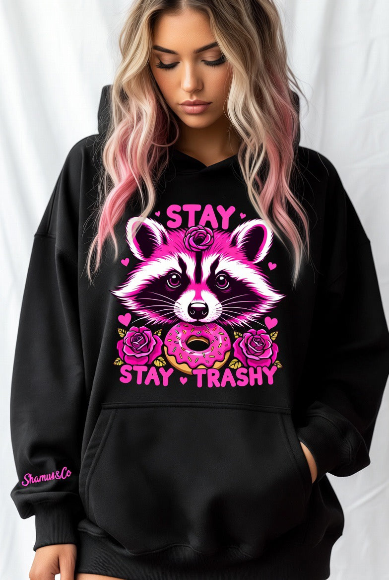 Hot pink Stay Trashy Raccoon oversized hoodie for adults by Shamus & Co, featuring a raccoon graphic and comfortable fit.