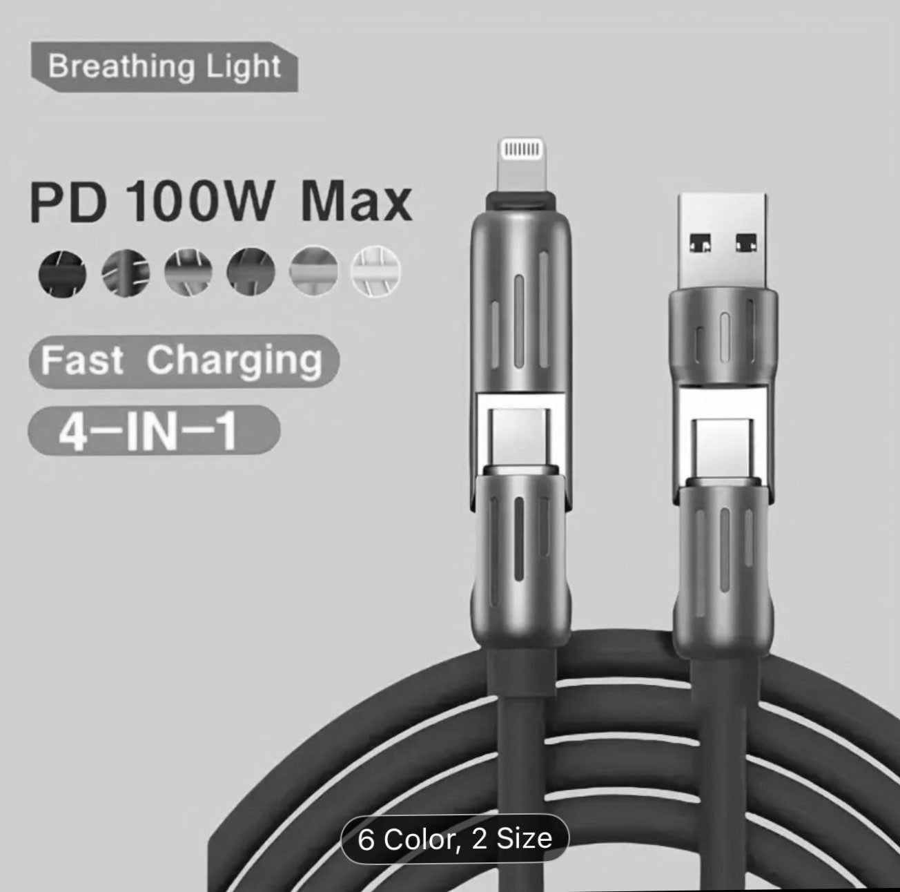 Custom 4-in-1 fast charging cable by Shamus & Co with logo on case, featuring PD 100W for efficient device charging.