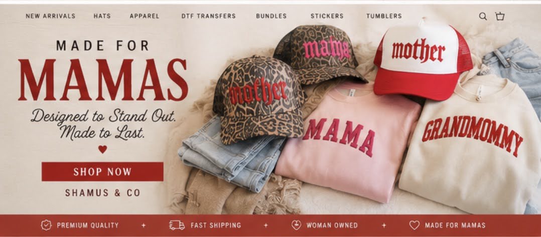 Promotional banner for 'Made for Mamas' products with hats and clothing on a beige background.