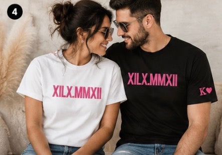 Custom Roman numeral date T-shirt by Shamus & Co featuring personalized anniversary design on a casual cotton T-shirt.