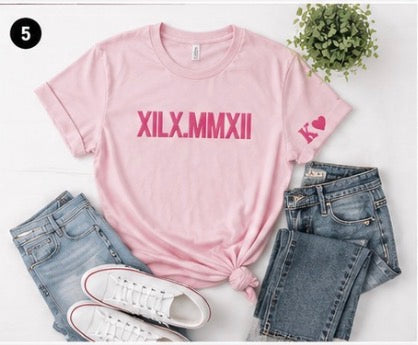 Custom Roman numeral date T-shirt by Shamus & Co featuring personalized anniversary design and comfortable casual fit.