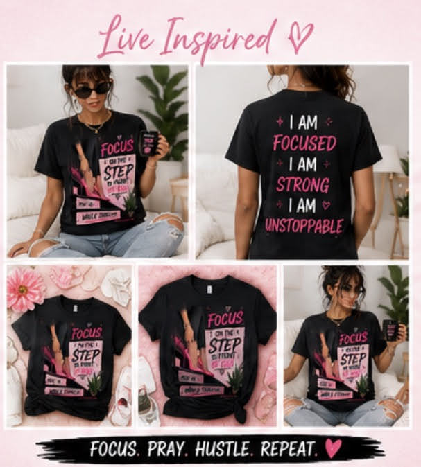 Shamus & Co women's motivational graphic T-shirt with "Focus On The Step" slogan, casual adult apparel, front view, white background.
