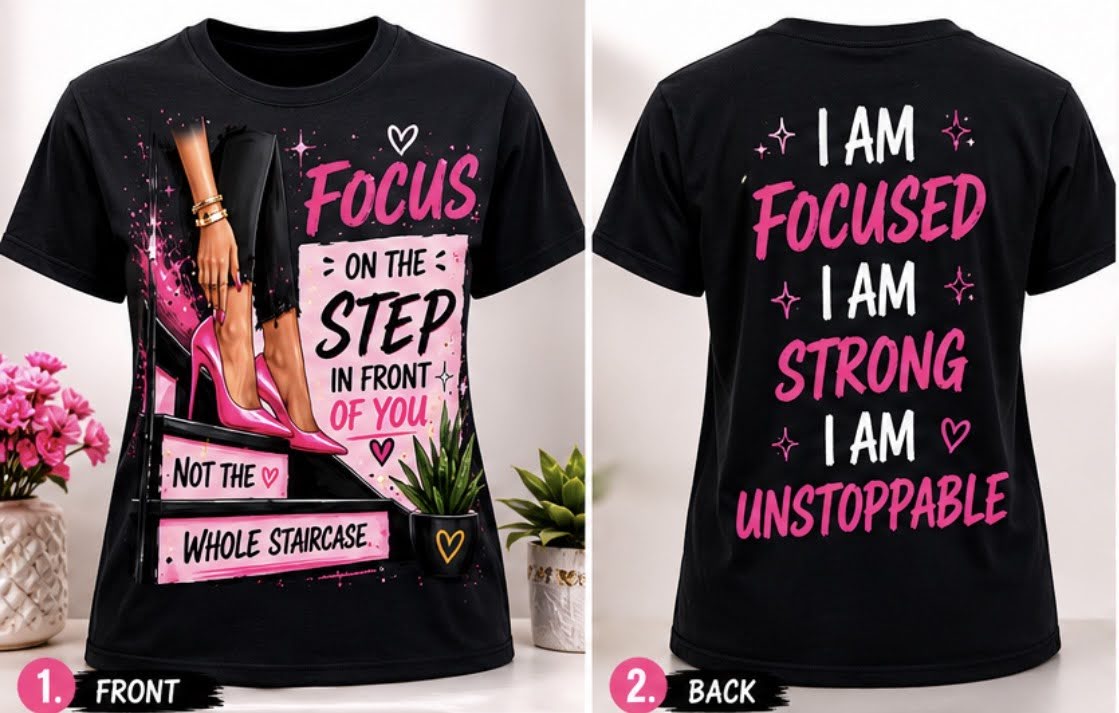 Shamus & Co women's motivational graphic T-shirt with "Focus On The Step" message, casual adult inspirational tee, black fabric.