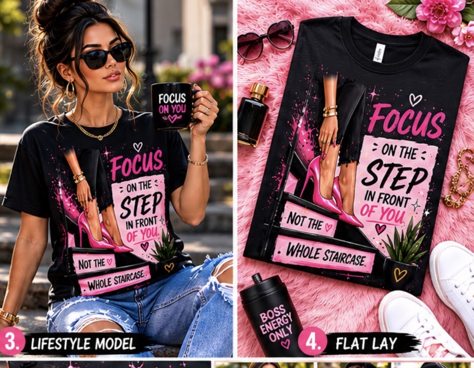 Shamus & Co women's motivational graphic T-shirt with "Focus On The Step" slogan, casual adult tee in soft fabric.