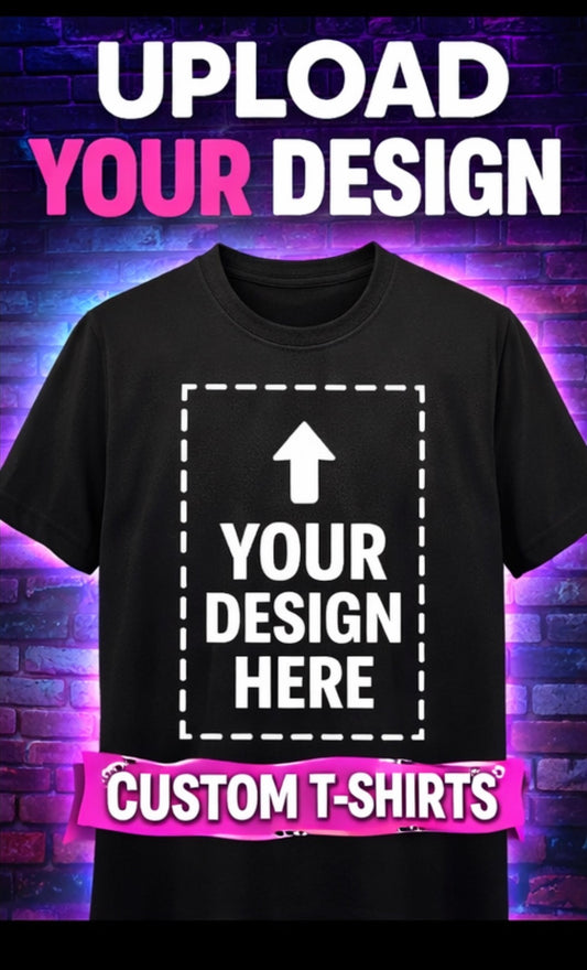 Black t-shirt with text 'Your Design Here' on a brick wall background with promotional text for custom t-shirts.