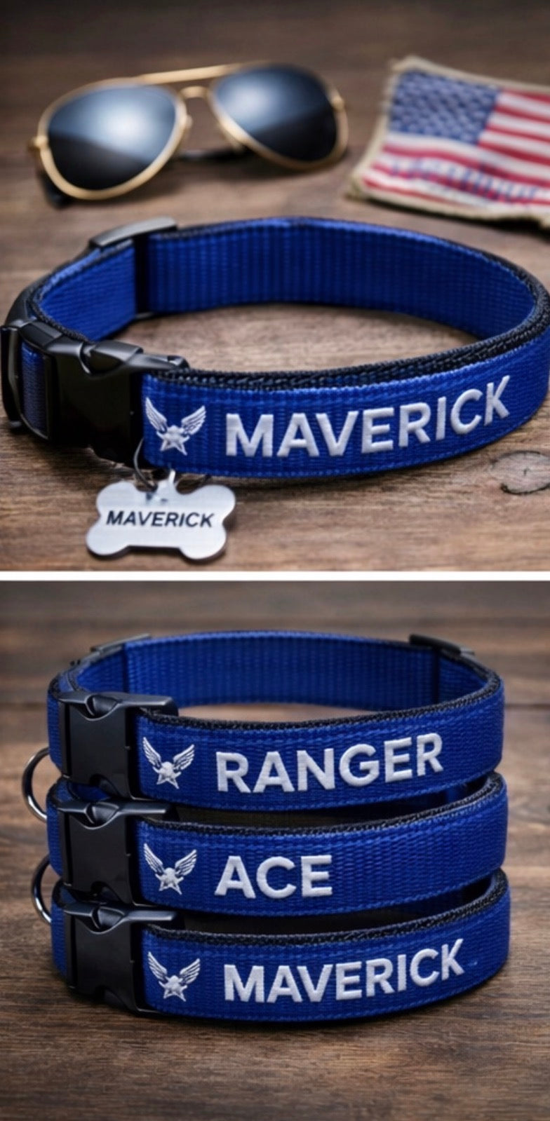 Custom Air Force inspired dog collar and matching shirt set by Shamus & Co, featuring navy blue fabric with Air Force badge details.