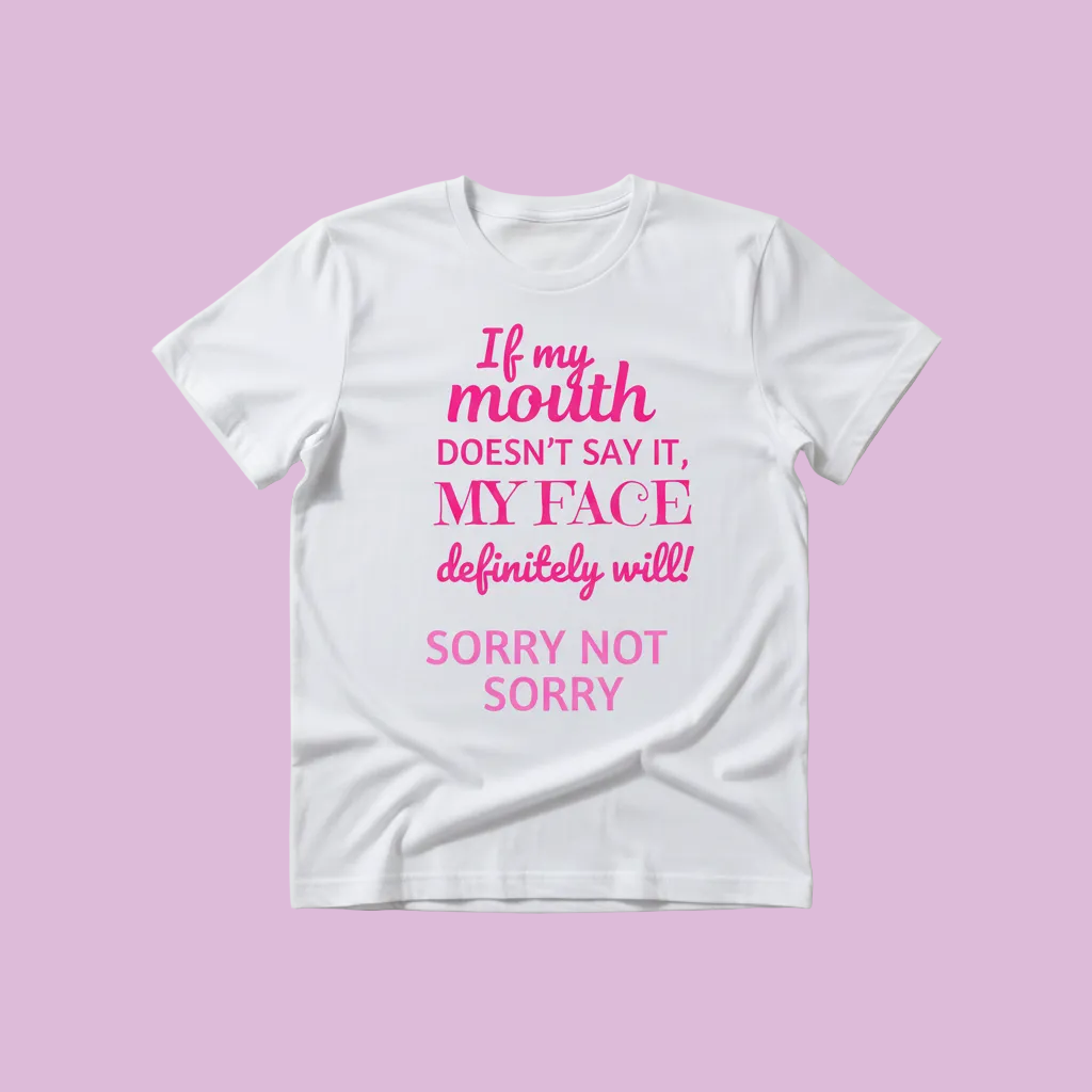 White t-shirt with pink text on a white background